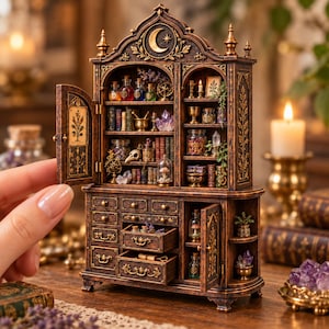 May include: A miniature wooden apothecary cabinet featuring an arched top with a crescent moon and star carving. The cabinet includes open shelves filled with tiny glass potion bottles, books, crystals, and a skull, plus multiple small drawers.