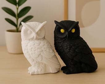 Gothic Owl Statue Set, Black White Handmade Owl Decor