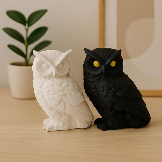 Gothic Owl Statue Set, Black White Handmade Owl Decor