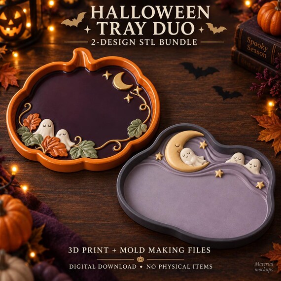 Halloween Tray STL Bundle: Ghost Moon & Pumpkin Garden, 3D Print and Mold Making Files
