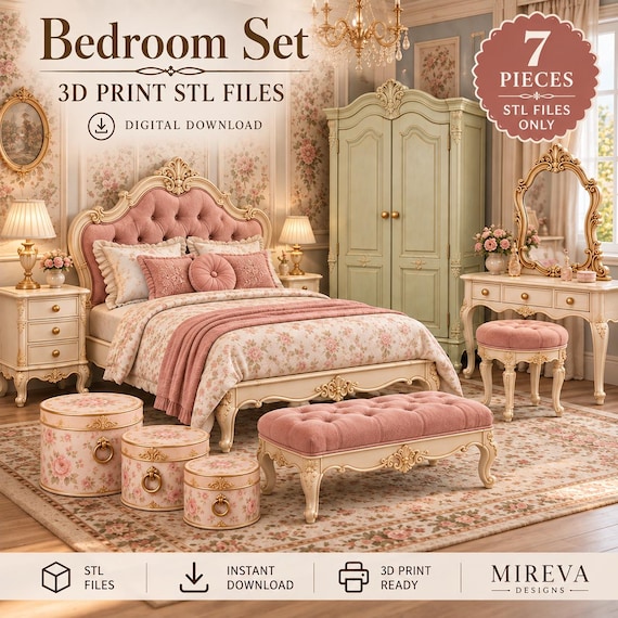 Rococo Dollhouse Furniture STL Bundle, 7 Piece Bedroom Set, 1:12 Miniature 3D Print Files