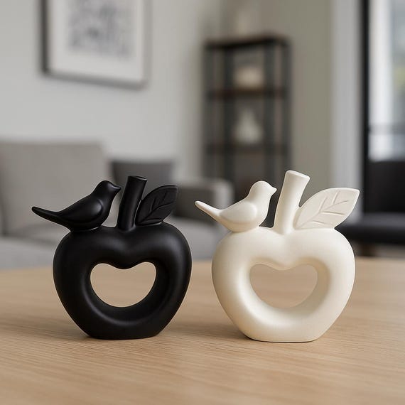 Minimalist Apple & Bird Statue Set: Black and White Stone Powder Sculptures