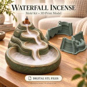 May include: A green ceramic waterfall incense burner with a lit cone emitting smoke that flows down tiered basins. Beside it are two sage green silicone mold halves. Text reads: WATERFALL INCENSE Mold Kit + 3D Print Model and DIGITAL STL FILES.