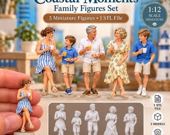 May include: A set of five 1:12 scale miniature family figures, including one STL file for 3D printing. The set features two adults and three children, depicted in both full-color and unpainted white versions, each holding small cups or plates.