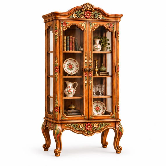 Miniature Display Cabinet STL, Rococo Dollhouse Vitrine 3D Print File, Floral Curio Cabinet