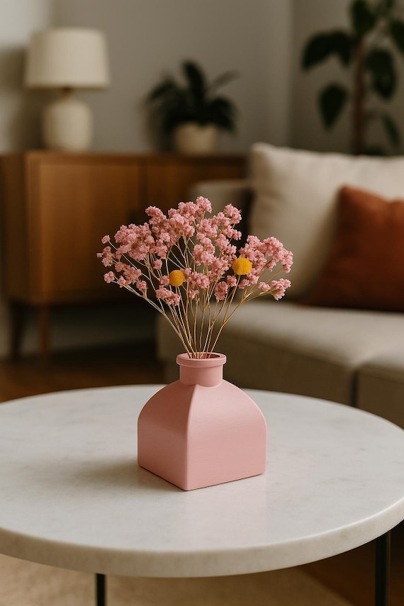 Pink Stone Vase – Small Textured Matte Vase for Dried Flowers (13 cm)