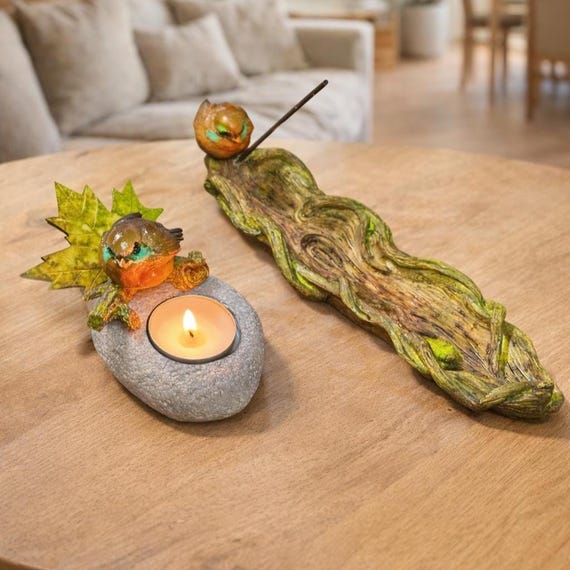 Bird Sculpture Concrete Candle & Incense Holder Set – Handmade Nature Decor