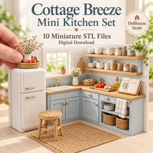 Pode incluir: Um conjunto de cozinha em miniatura com um frigorífico branco, armários azul-claros, uma bancada de madeira e um lava-loiça. O conjunto inclui prateleiras com frascos, taças, um banco entrançado, um tapete e itens decorativos.