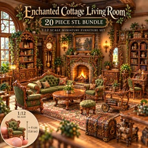 Peut inclure: Un ensemble de 20 meubles miniatures à l'échelle 1:12 intitulé Enchanted Cottage Living Room. Il comprend un canapé capitonné vert, des fauteuils, une table basse, une horloge, des bibliothèques, une cheminée et un coffre, avec une chaise de 4 cm.
