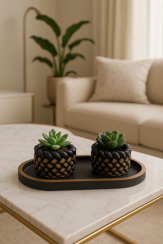 Black-Gold Succulent Planter Set, Handmade Mini Succulent Pots with Tray