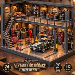 May include: A two-storey miniature garage model featuring a green car on a lift, a staircase, tool cabinets, a workbench with hanging tools, and a loft area with a sofa and desk. The sign reads VINTAGE CAR GARAGE 3D PRINT STL 24 PIECES 7 STL FILES 1:12 SCALE.