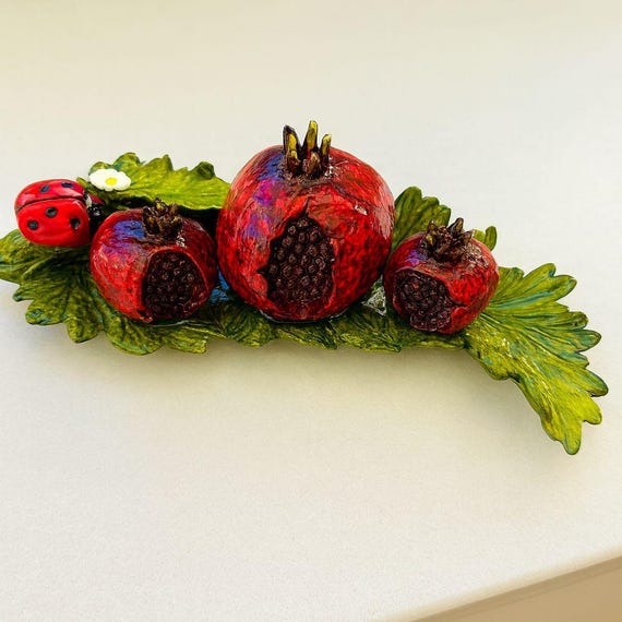 Pomegranate Family Sculpture with Lucky Ladybug – Red Resin Centerpiece