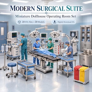 May include: A digital download set of 20 STL files for a miniature dollhouse operating room. The image displays a surgical suite with medical equipment, an operating table, and figures in scrubs. Text reads: MODERN SURGICAL SUITE, Miniature Dollhouse Operating Room Set, 20 STL Files, 20 Models, Digital Download STL.