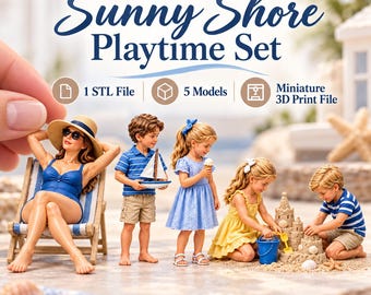 May include: Sunny Shore Playtime Set 1 STL File 5 Models Miniature 3D Print File. A collection of miniature figures including a person in a blue swimsuit on a beach chair, a child with a toy sailboat, a child with ice cream, and children building a sandcastle.