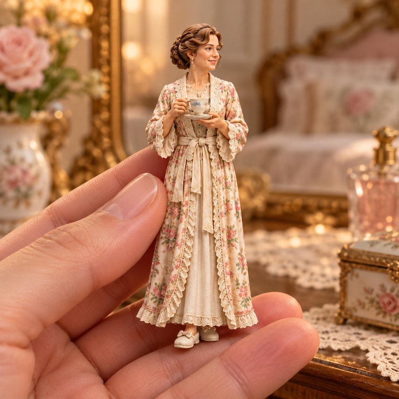 May include: A miniature figurine of a woman with brown hair styled in an updo, wearing a long, cream-colored robe featuring a pink and green floral pattern with lace trim. The figure holds a small white teacup and saucer in her hands.