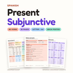 May include: A Spanish Present Subjunctive educational resource set featuring 88 verbs across 30 pages, including a 46x61 cm poster. The documents display grammar charts, conjugation rules, and example sentences in a clean, organised layout with colour-coded sections.