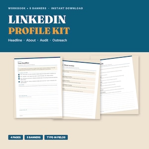 Könnte beinhalten: Ein digitales LinkedIn-Profil-Kit mit einem Arbeitsbuch, fünf Bannern, vier Seiten und ausfüllbaren Feldern. Das Dokument enthält Abschnitte für Schlagzeile, Über mich, Audit und Outreach, mit weißen Seiten und dunkelblauen Überschriften.