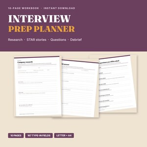 Può includere: Un quaderno di esercizi di 10 pagine per la preparazione ai colloqui con pagine bianche, intestazioni viola scuro e righe per scrivere. Il testo include "INTERVIEW PREP PLANNER", "Company research", "STAR answer" e "Questions you will be asked" con 167 campi da compilare.