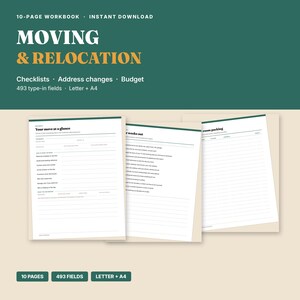 Op de afbeelding: Een digitaal verhuis- en relocatiewerkboek van 10 pagina's met witte pagina's, donkergroene koppen en zwarte tekst. De omslag toont de titel MOVING & RELOCATION met checklists en 493 invulbare velden voor budget en adreswijzigingen.
