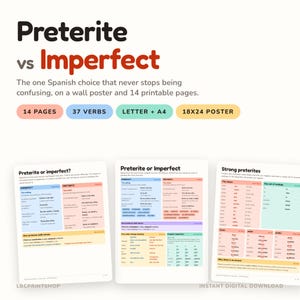 May include: A digital educational resource featuring a wall poster and 14 printable pages titled Preterite vs Imperfect. The pages contain charts, verb lists, and explanations in English and Spanish, organised with colour-coded sections and text.