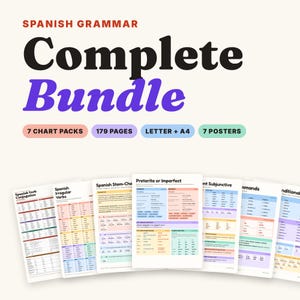 May include: A Spanish grammar complete bundle featuring 7 chart packs, 179 pages, letter and A4 sizes, and 7 posters. The collection includes multiple educational sheets with tables and text covering verb conjugations, tenses, and moods.