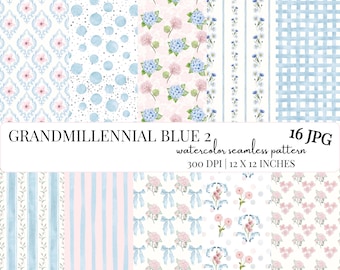 Aquarell Grandmillennial Blau Muster, französisches Digitales Papier, Pastell Blumen JPEG, Coquette nahtlose, blaue Hortensie, Cottagecore nahtlose, kariert