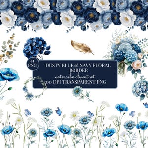 Blue Floral Frame|dusty blue wedding|floral border png|watercolor border|watercolor hydrangea|wildflower border clipart|navy blue invitation