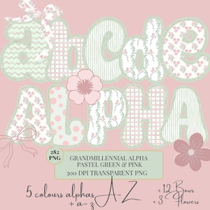 Grandmillennial Pastel Pink Alpha|Preppy Floral Alpha|Coquette Alpha Font|Floral PNG|Grandmillennial Floral Alpha|mama coquette png|digita