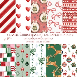 Può includere: Un pacchetto di carta digitale con vari motivi natalizi ad acquerello. I disegni includono strisce rosse, cuori, orsetti, fiocchi e ornamenti festivi. Il testo recita "CLASSIC CHRISTMAS DIGITAL PAPER BUNDLE 2" e "watercolor seamless pattern". Le dimensioni sono 30,48 x 30,48 cm.