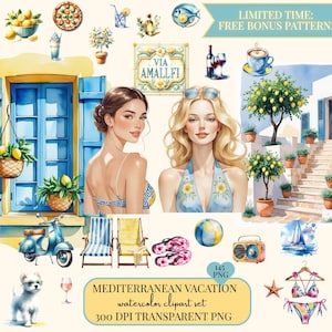 Watercolor Mediterranean Clipart Bundle|lemon pattern|Vacation|bougainvillea|Greece|Amalfi|Junk Journal|Digital Stickers|Scrabook|Commercial