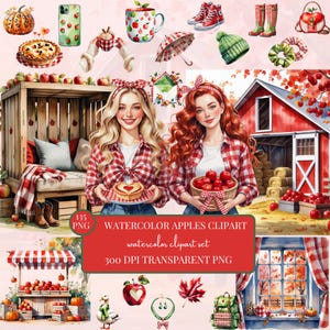 Aquarell Äpfel Clipart|gemütliche Herbst Clipart|Rote Scheune, Apfelkuchen,Dessert Clipart,Kürbis Schleife png,Ernte png,Schnelle Clipart,Bauernhaus