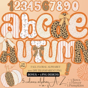 May include: A digital design featuring the word "AUTUMN" and the alphabet, numbers, bows, flowers, and pumpkins. The letters and numbers have a variety of patterns, including floral, stripes, and leopard print. The design is in shades of orange, brown, and cream.