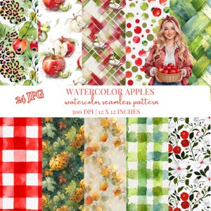 Könnte beinhalten: Eine digitale Kunstsammlung mit nahtlosen Mustern zum Thema Aquarelläpfel. Die Designs umfassen rotes Vichy, Punkte und Blumenarrangements. Das Bild enthält auch ein Porträt einer Frau, die einen Korb mit Äpfeln hält. Der Text lautet "WATERCOLOR APPLES watercolor seamless pattern 300 DPI | 30.48 x 30.48 CM".