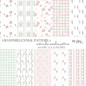 Watercolor Grandmillennial Seamless Patterns,Floral Preppy Background,Vintage,Stripe,Pastel Repeating Pattern,hydrangea,Digital Download,JPG