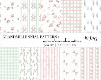 Acuarela Grandmillennial: patrones sin costuras, fondo floral preppy, vintage, rayas, patrón pastel repetitivo, hortensia, descarga digital, JPG