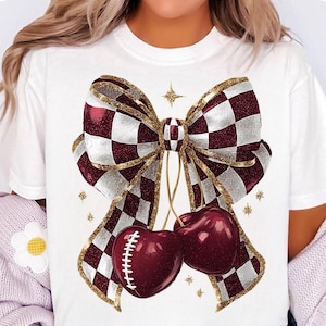 Retro Cherry Football Coquette Bow Png, Checkered American Football Game Day Png, Touch Down Season Png, Football Mama png Design