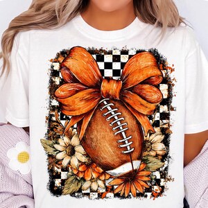 Fall Checker Football Png, Game Day Png Fall Vibes Png, Autumn Png Boho Floral Football Png Touchdown Season Png, Coquette Football Bow Png