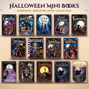 May include: A collection of fourteen miniature books titled Halloween Mini Books, featuring illustrated covers for titles including Coraline, The Haunted Mansion, Corpse Bride, Edward Scissorhands, Frankenweenie, Dark Shadows, Beetlejuice, The Addams Family, Hotel Transylvania, The Nightmare Before Christmas, The Pumpkin King, and The Legend of Sleepy Hollow.