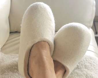 Felted Wool Slippers in Natural White.