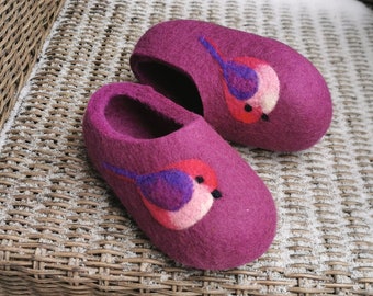 Felted Soft Wool Slippers in Purple  with Birds decor.