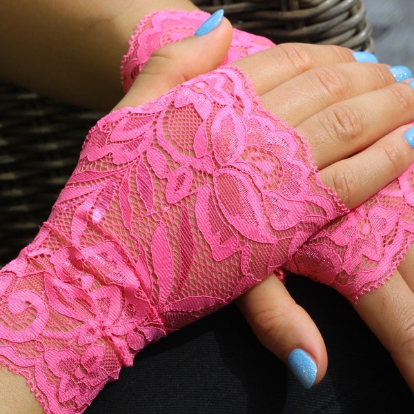 Hot Pink. Pink Stretch Lace Gloves. Stretch lace, Fingerless lace gloves. Bride, Bridesmaid. Gift for Her.  Ready to ship.