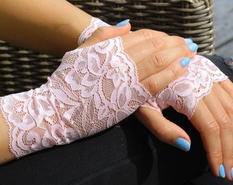 Light Pink Lace Fingerless Gloves, Wedding Bridal Gloves