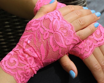 Bright Pink Lace Fingerless Gloves - Stretchy Bridal Accessories