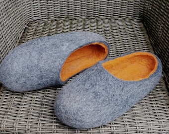 Hand Made. Felted Wool Slippers.  Gray/ Orange Inside. Home Shoes. Gift For Him. Made to order.