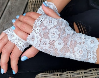 Light Blue Lace Fingerless Gloves, Stretchy Bridal Gloves