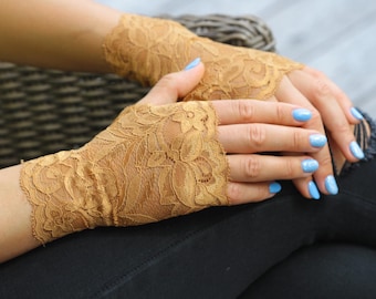 Lace Fingerless Gloves. Caramel  Beige Lace Gloves. Stretchy Lace Gloves. Gift for Her.