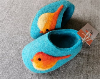 Felted Soft Wool Slippers in Turquoise  with Orange  Birds decor. Hand Made.