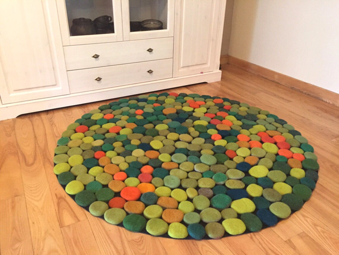 Hand Made Felted Wool Rug in Shades of Orange/green. Size Etsy