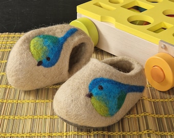 Felted Wool Slippers, Cream with Blue Bird Decor, EU Size 22