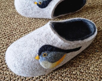 Handmade Felted Wool Slippers, Gray Home Shoes with Bird Decor